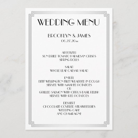 Grand Gatsby Art Déco Blanc Argent Mariage Menu (Devant)