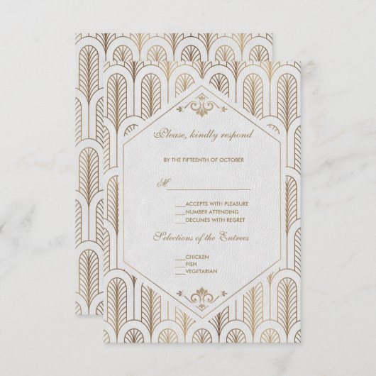 Grand Gatsby Art Déco Or Blanc Mariage RSVP (Devant / Derrière)