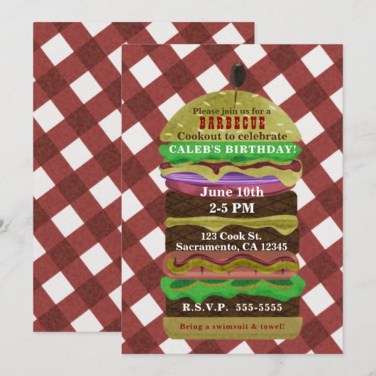 Grand Hamburger gras Été Cuisine rouge Invitation (Devant / Derrière)