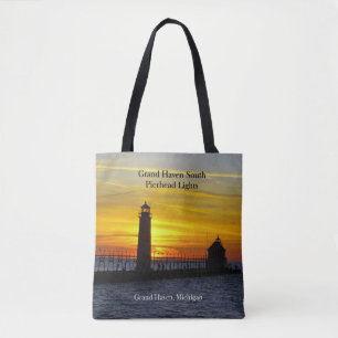 Grand Haven South Pierhead Licht sunset canvas tas