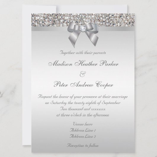 Grand Mariage Faux Séquins Argent Bow Invitations (Dos)
