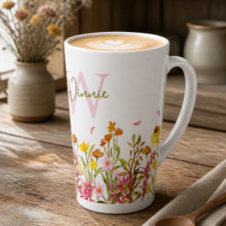Grand mug à latte avec monogramme de fleurs sauvag