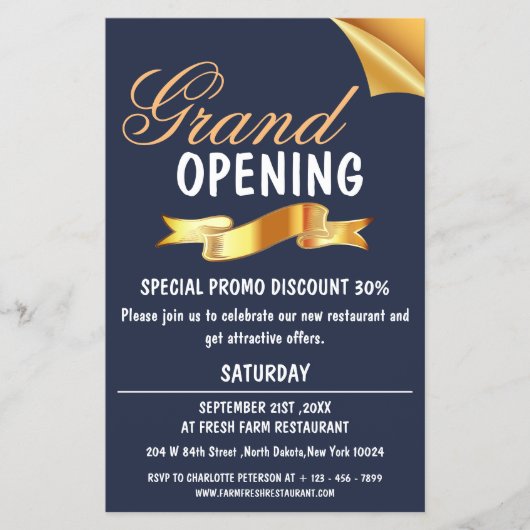 Grand Opening Navy Blue & Gold Ribbon Restaurant Flyer (Voorkant)