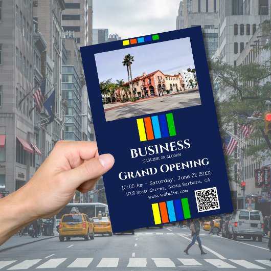 Grand Opening Photo Stripes QR Code Blauw Flyer