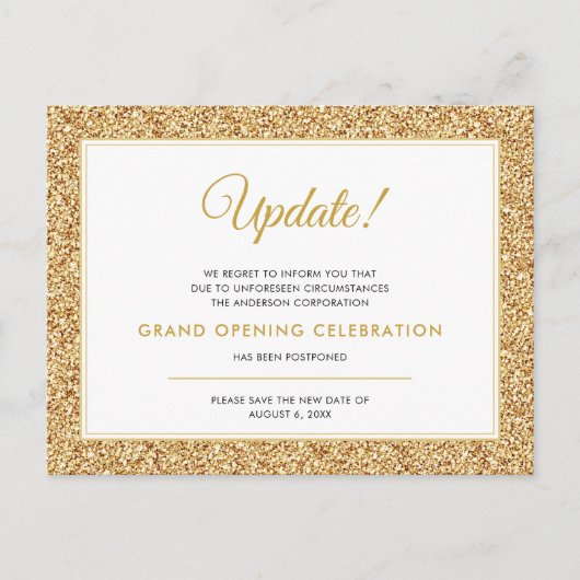Grand Opening Update geannuleerd Gold Glitter Briefkaart (Voorkant)