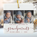 Grand-parents 1er Noël 3 Photo Bourgogne Script<br><div class="desc">Aidez-les à commémorer le premier Noël de leur petit-enfant avec ce magnifique ornement moderne de gardien. Le texte gris dit "Notre premier Noël en tant que grands-parents", avec le mot "grands-parents" dans un élégant script d'écriture manuscrite rouge bordeaux avec des fioritures avant et après. Remplacez les trois exemples d'images par...</div>