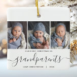 Grand-parents 1er Noël 3 Photo Gris Script<br><div class="desc">Aidez-les à commémorer le premier Noël de leur petit-enfant avec ce magnifique ornement moderne de gardien. Le texte gris dit "Notre premier Noël en tant que grands-parents", avec le mot "grands-parents" dans un élégant script d'écriture manuscrite avec des fioritures avant et après. Remplacez les trois exemples d'images par vos photos...</div>