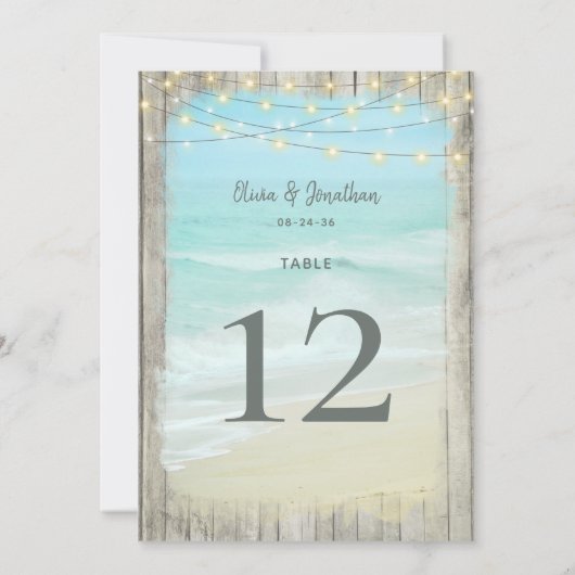Grand Rustic Beach Lights Mariage Numéro de table (Dos)