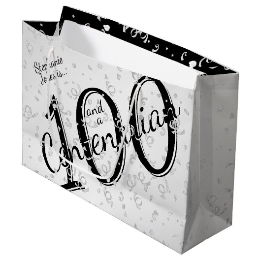 Grand Sac Cadeau 100 ans Centenaire Typographie noir/blanc (Devant Angle)