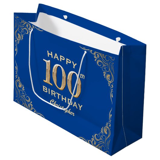 Grand Sac Cadeau 100e anniversaire Parties scintillant bleue et or (Devant Angle)