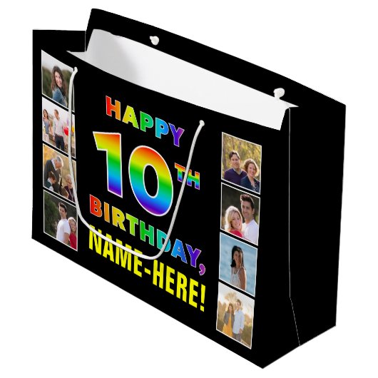 Grand Sac Cadeau 10e anniversaire : Rainbow Text, Custom Photos & N (Devant Angle)