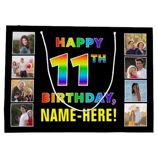 Grand Sac Cadeau 11e anniversaire : Rainbow Text, Custom Photos & N (Dos)