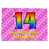 Grand Sac Cadeau 14e anniversaire : Pink Stripes & Hearts, Arc en c (Dos)