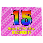 Grand Sac Cadeau 15e anniversaire : Pink Stripes & Hearts, Arc en c (Dos)