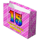 Grand Sac Cadeau 15e anniversaire : Pink Stripes & Hearts, Arc en c (Devant Angle)