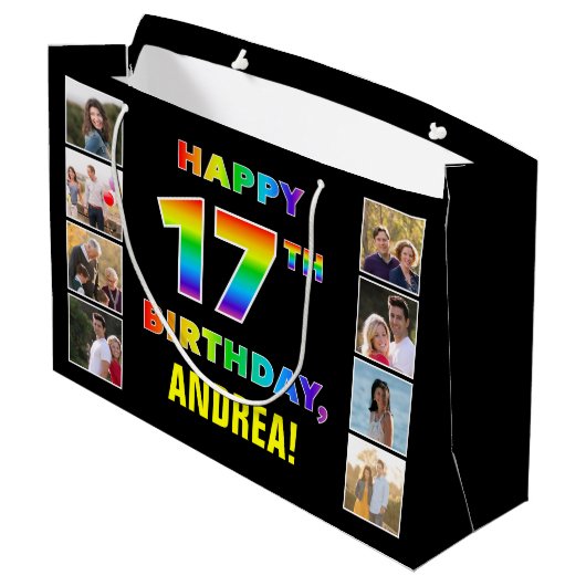 Grand Sac Cadeau 17e anniversaire : Rainbow Text, Custom Photos & N (Dos Angle)