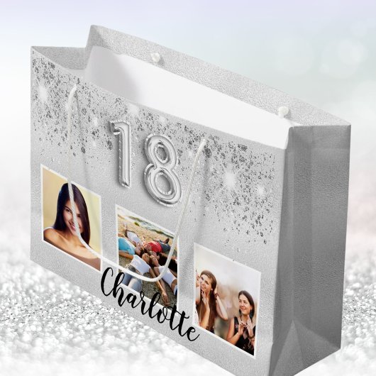 Grand Sac Cadeau 18e anniversaire argent parties scintillant nom ph