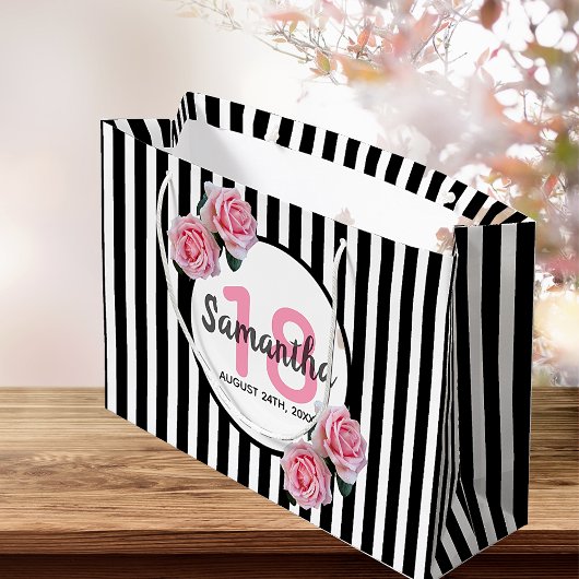 Grand Sac Cadeau 18e anniversaire noir blanc rayures rose roses nom