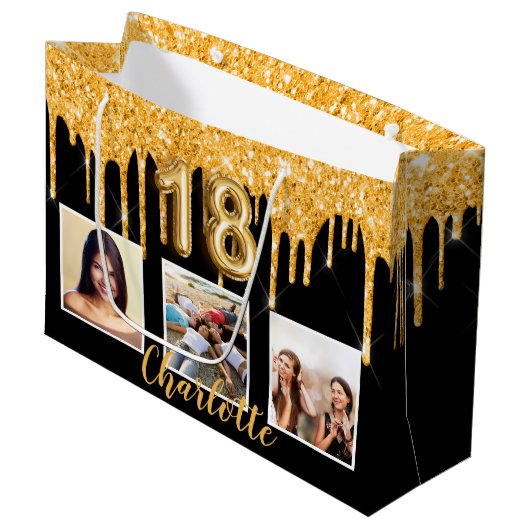 Grand Sac Cadeau 18e anniversaire noir parties scintillant d'or gou (Devant Angle)