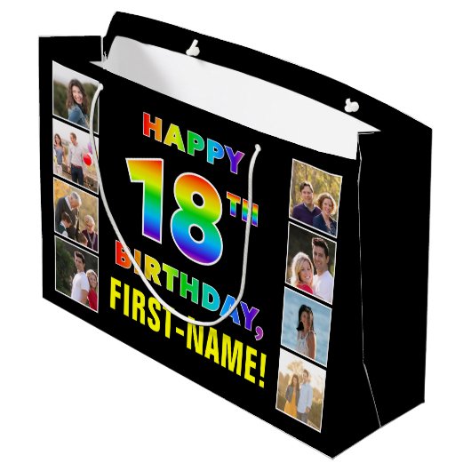 Grand Sac Cadeau 18e anniversaire : Rainbow Text, Custom Photos & N (Dos Angle)