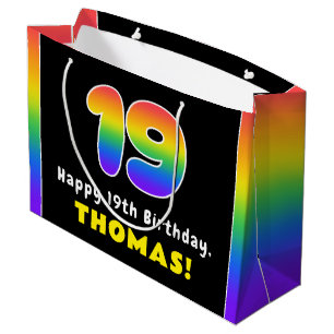 Grand Sac Cadeau 19e anniversaire : Arc-en-ciel coloré # 19, Nom pe