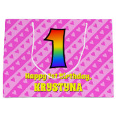 Grand Sac Cadeau 1er anniversaire : Pink Stripes & Hearts, Rainbow  (Devant)