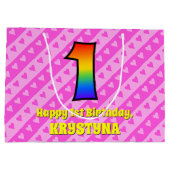 Grand Sac Cadeau 1er anniversaire : Pink Stripes & Hearts, Rainbow  (Dos)