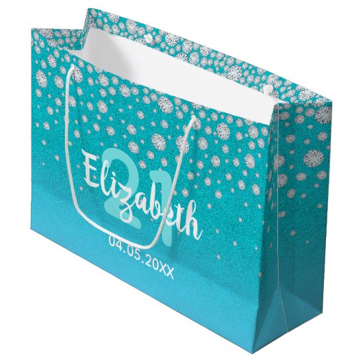 Grand Sac Cadeau 21e anniversaire turquoise bleu vert parties scint (Devant Angle)