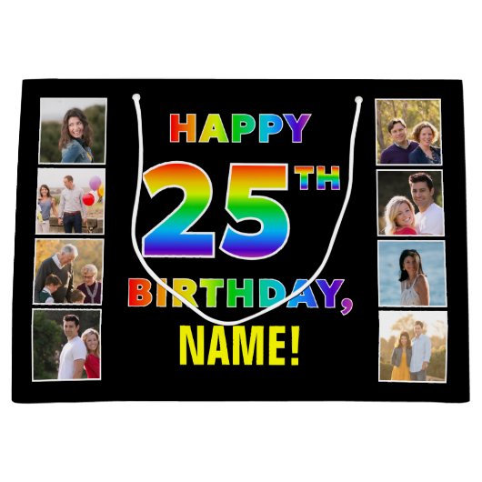 Grand Sac Cadeau 25e anniversaire : Rainbow Text, Custom Photos & N (Devant)