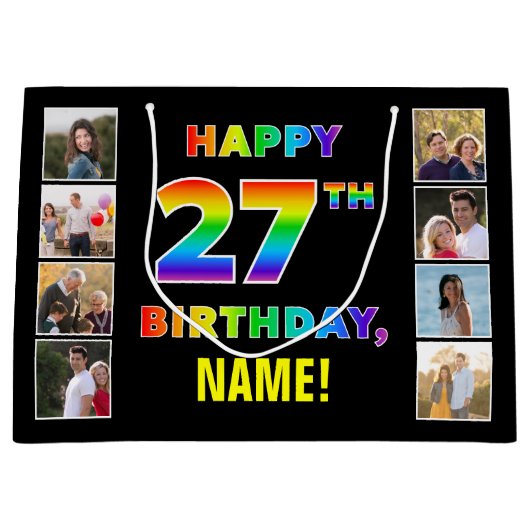 Grand Sac Cadeau 27e anniversaire : Rainbow Text, Custom Photos & N (Devant)
