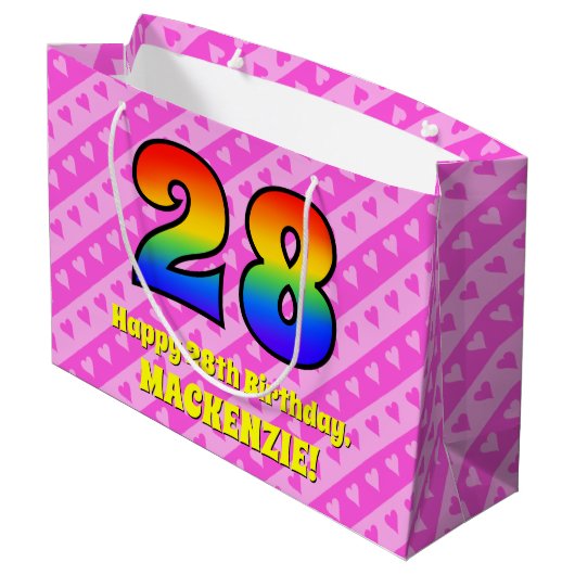 Grand Sac Cadeau 28e anniversaire : Pink Stripes & Hearts, Arc-en-c (Dos Angle)