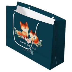 Grand Sac Cadeau 2 mignons Petits Renards Rouges Aquarelle Design A