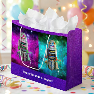 Grand Sac Cadeau 2 sci fi toy robots violet bleu galaxie nom person