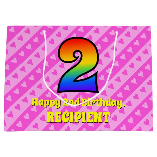Grand Sac Cadeau 2e anniversaire : Pink Stripes & Hearts, Rainbow # (Devant)