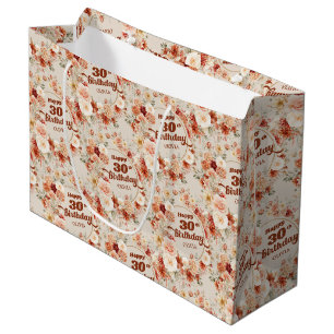 Grand Sac Cadeau 30e anniversaire tendance floral bordeaux brun en 