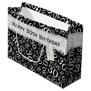 Grand Sac Cadeau 30ème motif heureux de fête d'anniversaire noir et