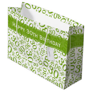 Grand Sac Cadeau 30èmes vert et blanc heureux de motif de fête
