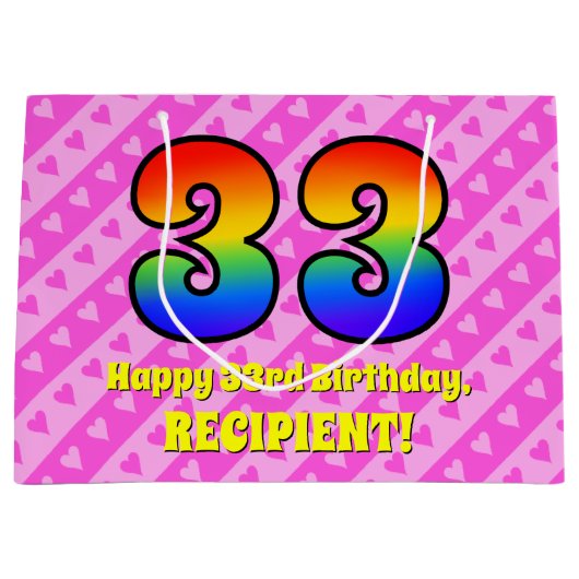 Grand Sac Cadeau 33e anniversaire : Pink Stripes & Hearts, Arc-en-c (Devant)