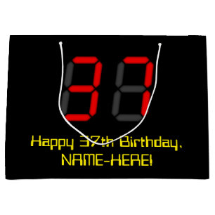 Grand Sac Cadeau 37ème anniversaire : Rouge Digital Clock Style "37