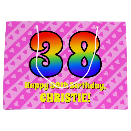 Grand Sac Cadeau 38e anniversaire : Pink Stripes & Hearts, Arc en c (Devant)
