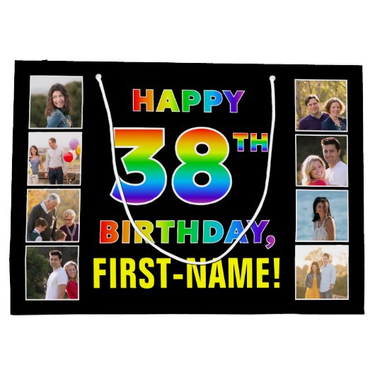 Grand Sac Cadeau 38e anniversaire : Rainbow Text, Custom Photos & N (Dos)