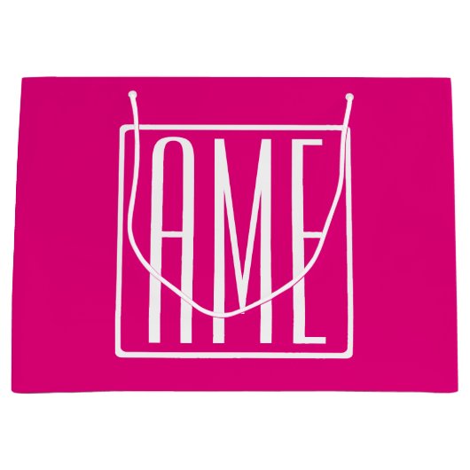 Grand Sac Cadeau 3 Initiales Monogramme | Blanc sur rose chaud (Devant)