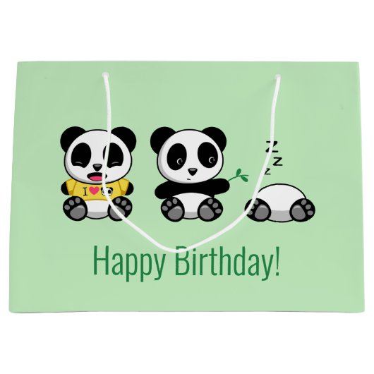 Grand Sac Cadeau 3 mignons petits pandas sur vert (Devant)