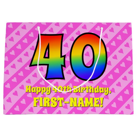 Grand Sac Cadeau 40e anniversaire : Pink Stripes & Hearts, Arc en c (Devant)