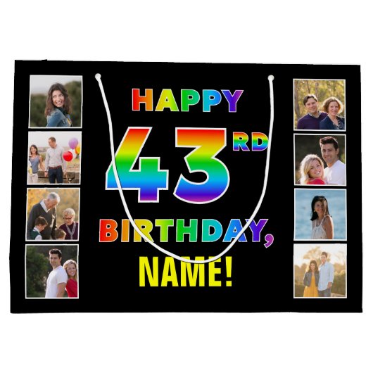 Grand Sac Cadeau 43e anniversaire : Rainbow Text, photos personnali (Dos)