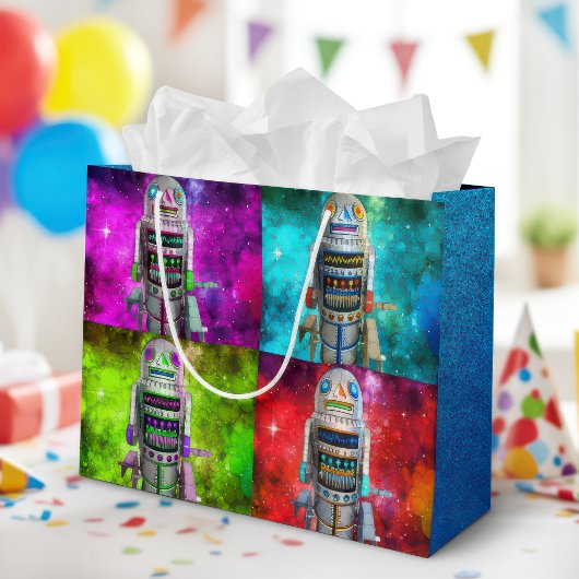 Grand Sac Cadeau 4 sci fi toy robots rouge vert bleu violet galaxie