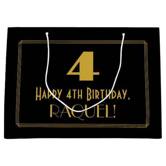 Grand Sac Cadeau 4e anniversaire — Art Déco Inspiré Look "4" & Nom (Devant)
