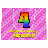 Grand Sac Cadeau 4e anniversaire : Pink Stripes & Hearts, Rainbow # (Devant)