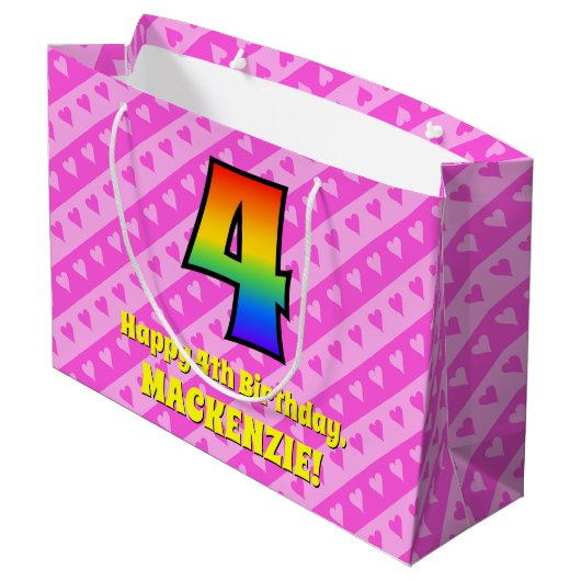 Grand Sac Cadeau 4e anniversaire : Pink Stripes & Hearts, Rainbow # (Dos Angle)