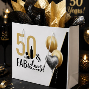 Grand Sac Cadeau 50 ans et Fabuleux Anniversaire Moderne Or et Noir
